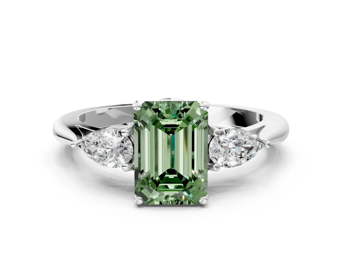 Fancy Green Three-Stone Emerald Cut Diamond Ring with Pear Side Stones in Four-Prong Setting White gold