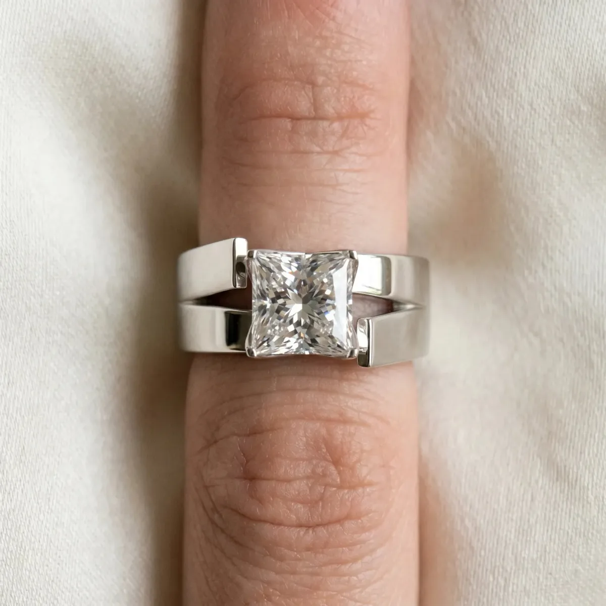 Modern Tension Set Princess Cut Diamond Solitaire Wide Band Ring Silver