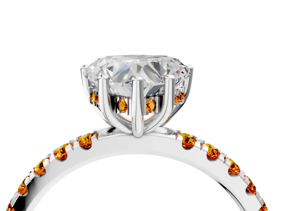 Heart Cut Diamond Pave Band Solitaire Ring with Round Citrine and Prong Setting Silver