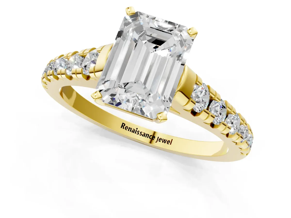 Emerald Cut Diamond Cathedral Solitaire Ring with Round Pavé Band Yellow gold