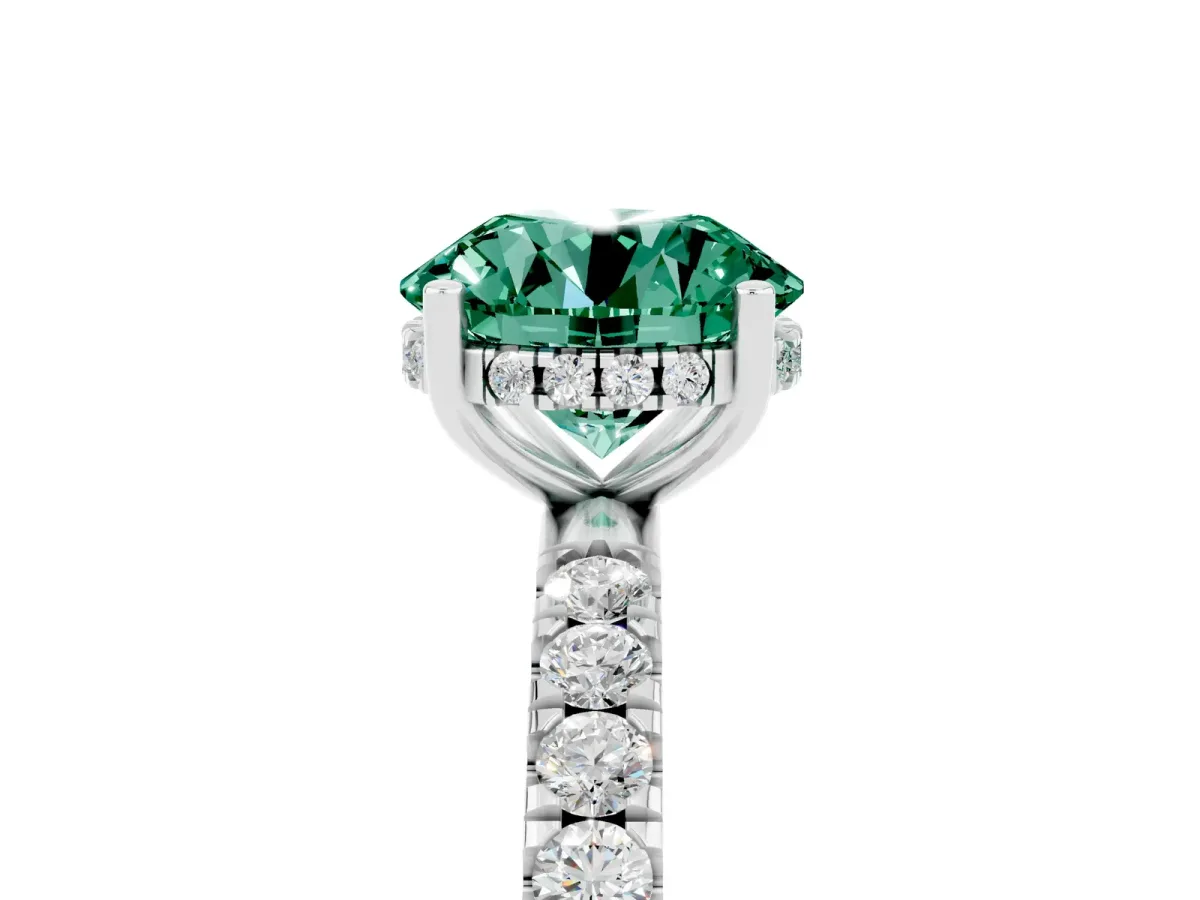 Round Cut Green Sapphire Pave Band Solitaire Ring with Round and Prong Setting Silver