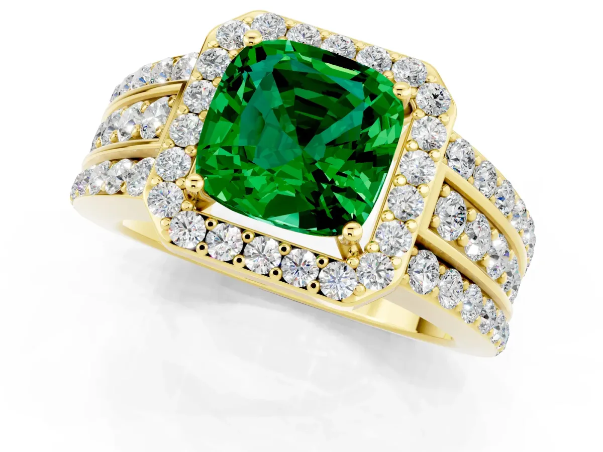 Cushion Cut Halo Emerald Ring with Round Split Shank and Prong Setting Yellow gold