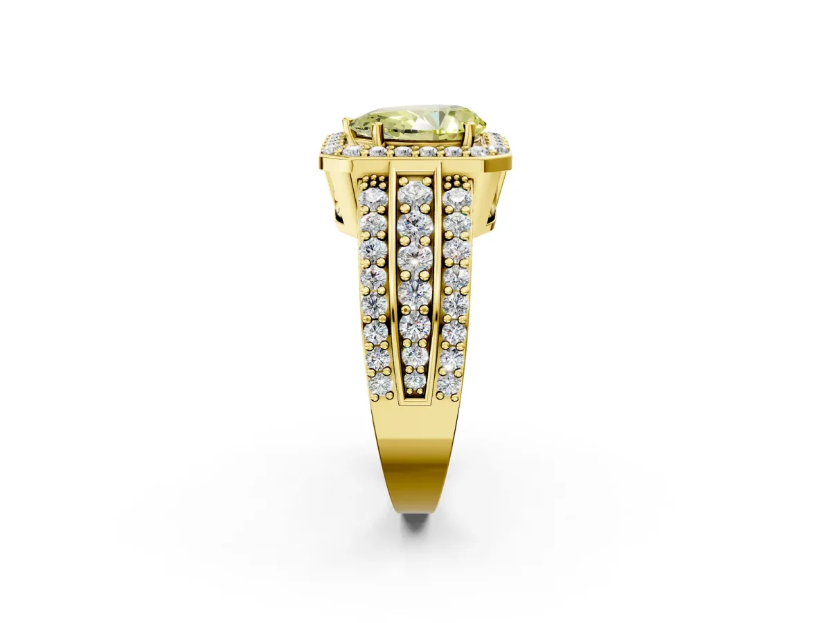 Fancy Yellow Pear Cut Halo Diamond Ring with Round Split Shank and Prong Setting Yellow gold