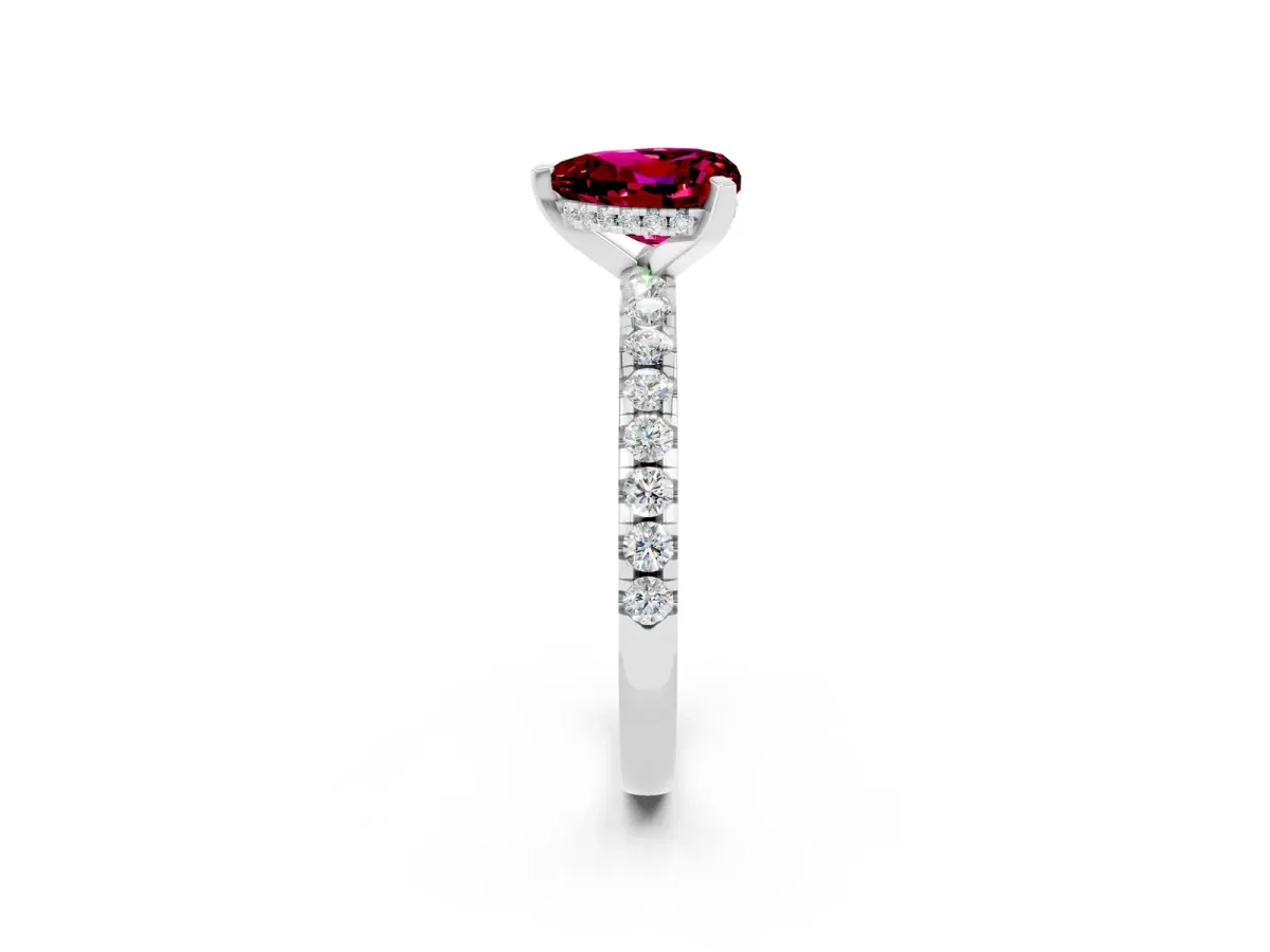 Heart Cut Garnet Solitaire Ring with Round Pavé Band and Four-Prong Setting Silver