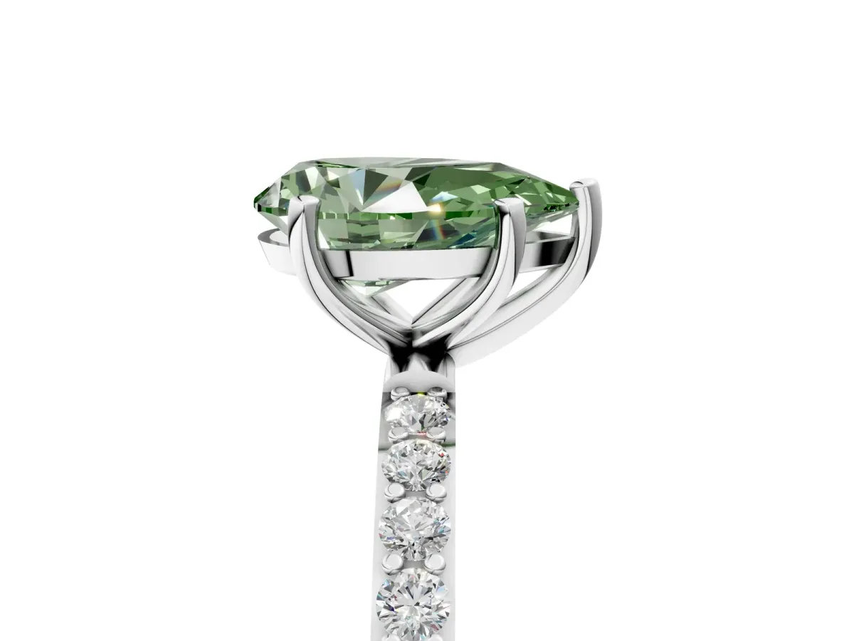Fancy Green Pear Cut Diamond Solitaire Ring with Round Pavé Shoulders and Prong Setting White gold