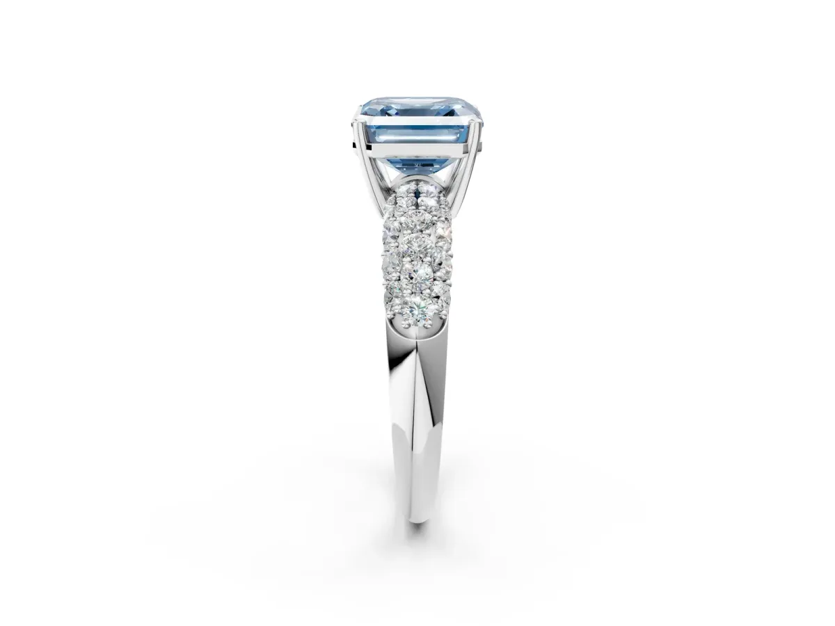 Fancy Blue Asscher Cut Diamond Pavé Band Solitaire Ring with Four-Prong Setting Platinum