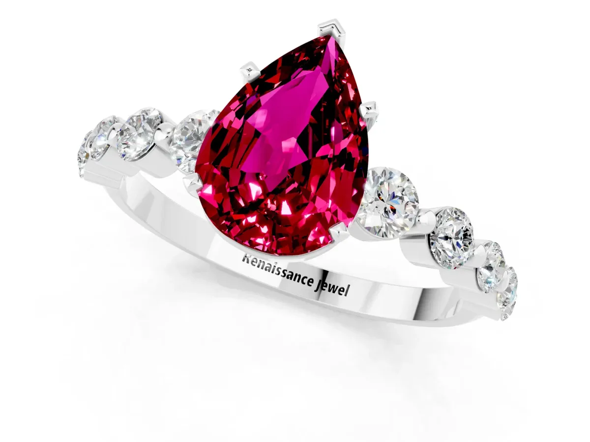 Pear Cut Solitaire Garnet Ring with Pave Band and Four-Prong Setting Platinum