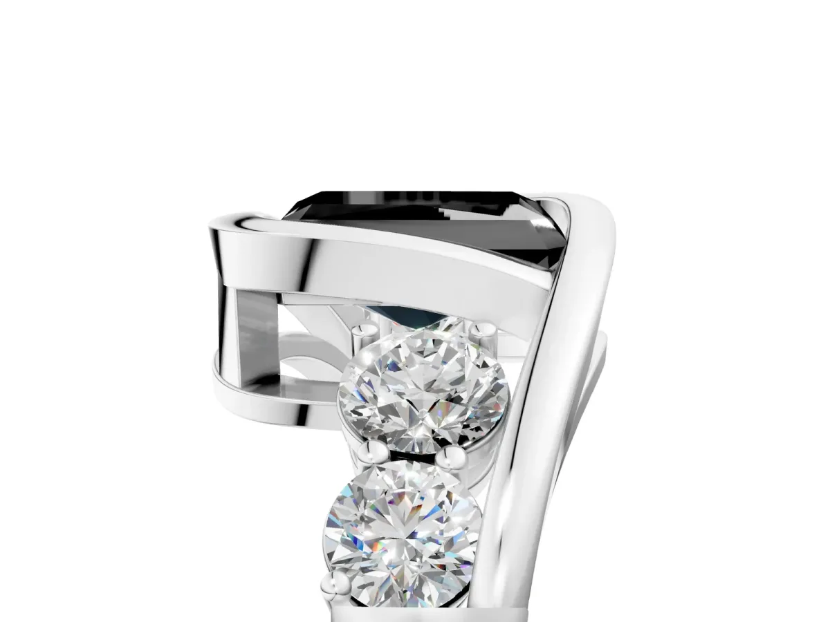 Fancy Black Bezel Set Radiant Cut Diamond Bypass Ring with Round Accents Silver