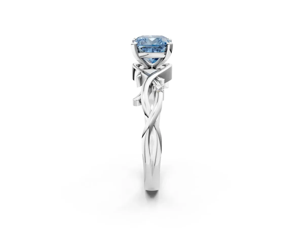 Fancy Blue Cushion Cut Diamond Solitaire Ring with Twisted Band and Prong Setting Platinum