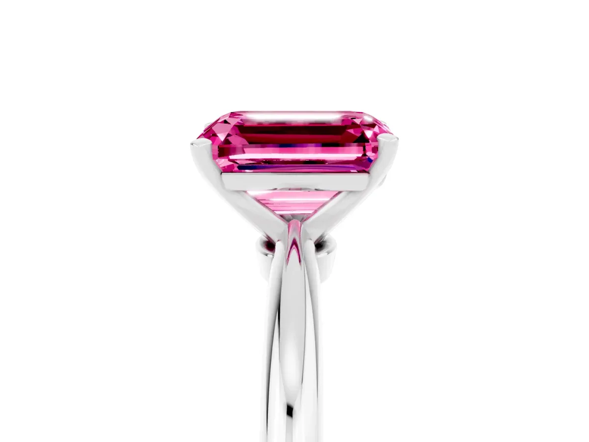 Emerald Cut Pink Sapphire Solitaire Ring with Six-Prong Setting and Classic Band Platinum