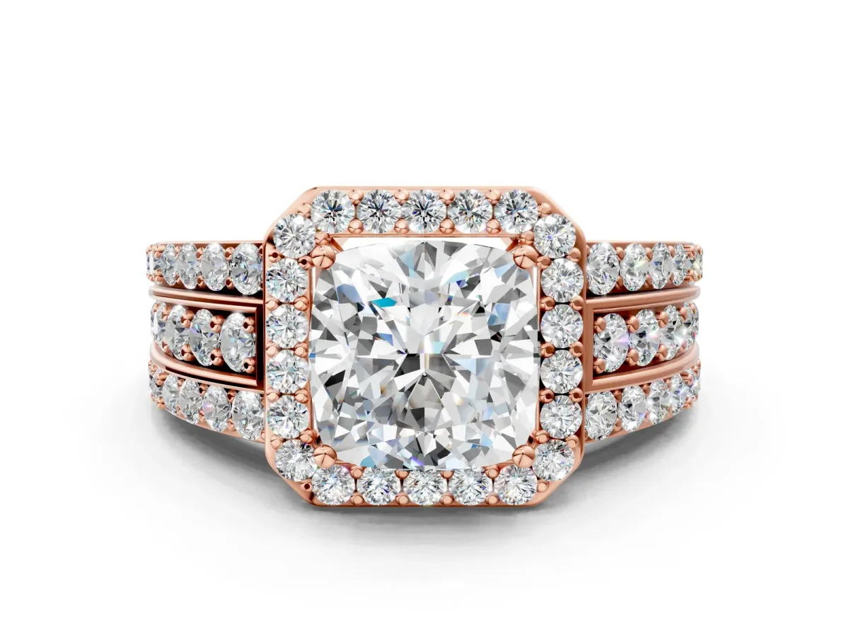 Cushion Cut Halo Diamond Ring with Round Split Shank and Prong Setting Rose gold