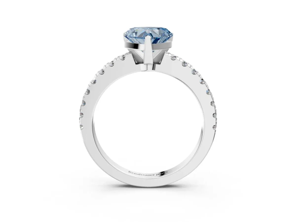 Fancy Blue Heart Cut Solitaire Diamond with Pavé Band and Four-Prong Setting Silver