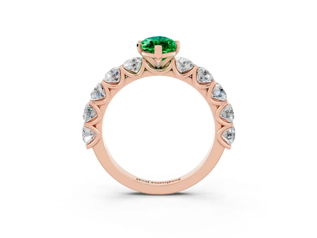 Marquise Cut Emerald Prong Setting with Side Stones on a Pave Band Rose gold