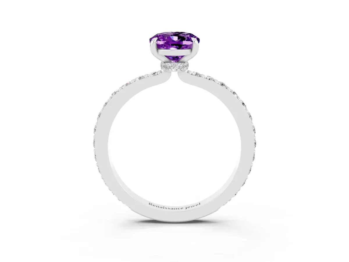 Oval Cut Amethyst Solitaire Engagement Ring with Pavé Band and Four-Prong Setting Silver