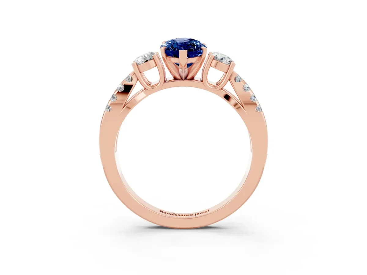 Marquise Cut Blue Sapphire Three-Stone Ring with Pavé Split Shank and Four-Prong Setting Rose gold