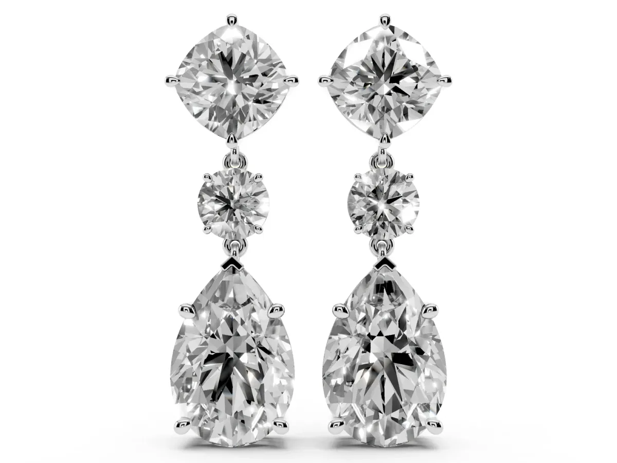 Cushion, Round and Pear Diamond Three-Stone Drop Earrings Platinum