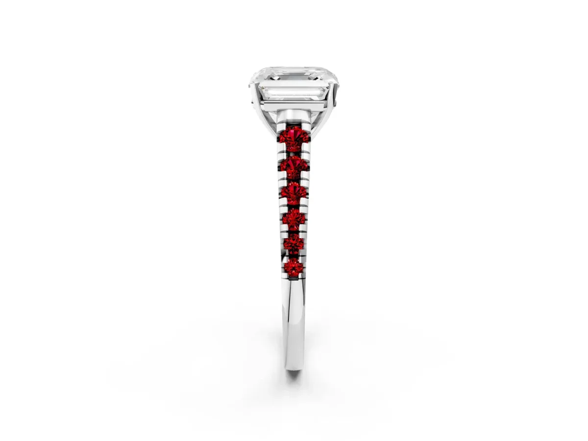 Asscher Cut Diamond Cathedral Solitaire Ring with Round Ruby Pavé Band Silver