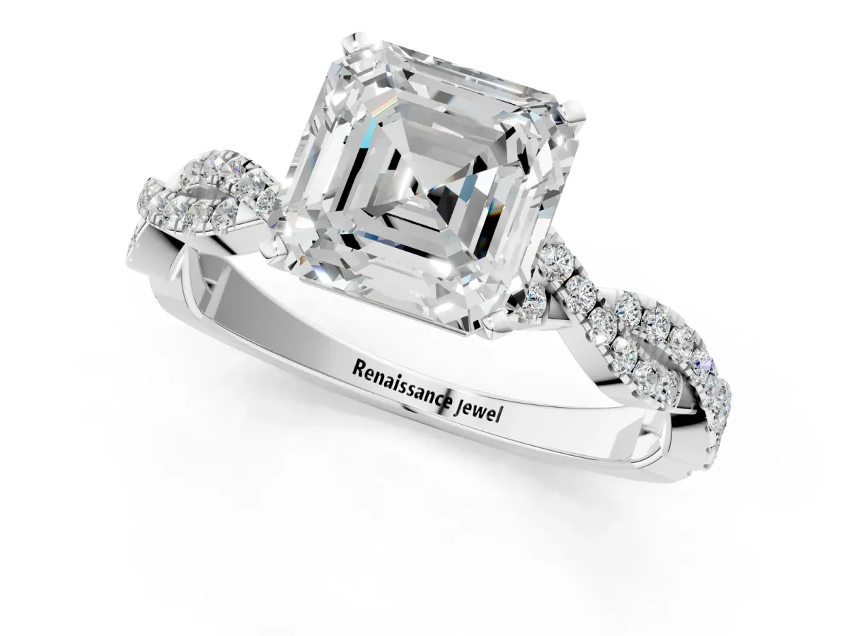 Asscher Cut Solitaire Twisted Pave Band with Four-Prong Setting Platinum