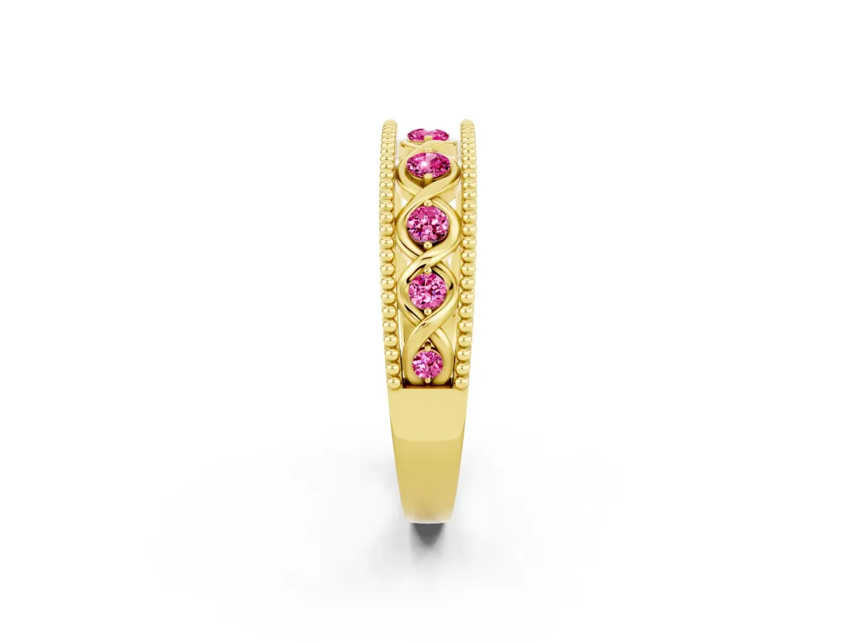 Round Pink Sapphire Twist Milgrain Band with Bezel Setting Yellow gold
