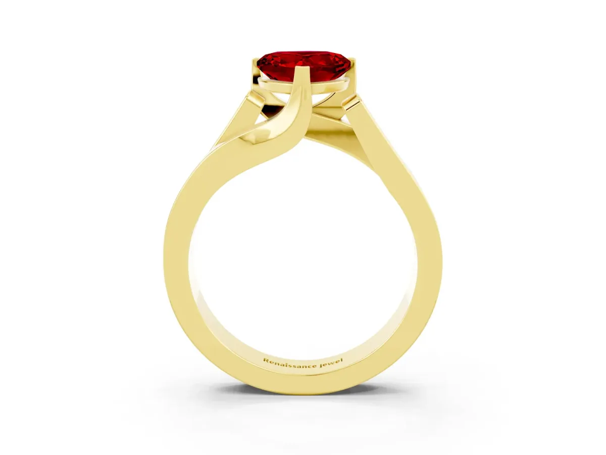 Modern Tension Set Heart Cut Ruby Solitaire Wide Band Ring Yellow gold