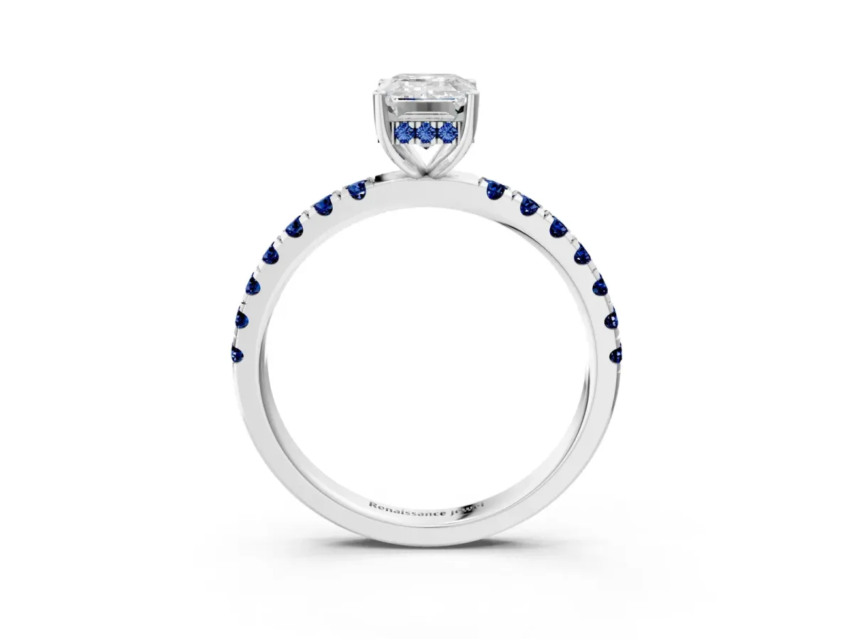Emerald Cut Diamond Pave Band Solitaire Ring with Round Blue Sapphire and Prong Setting Silver