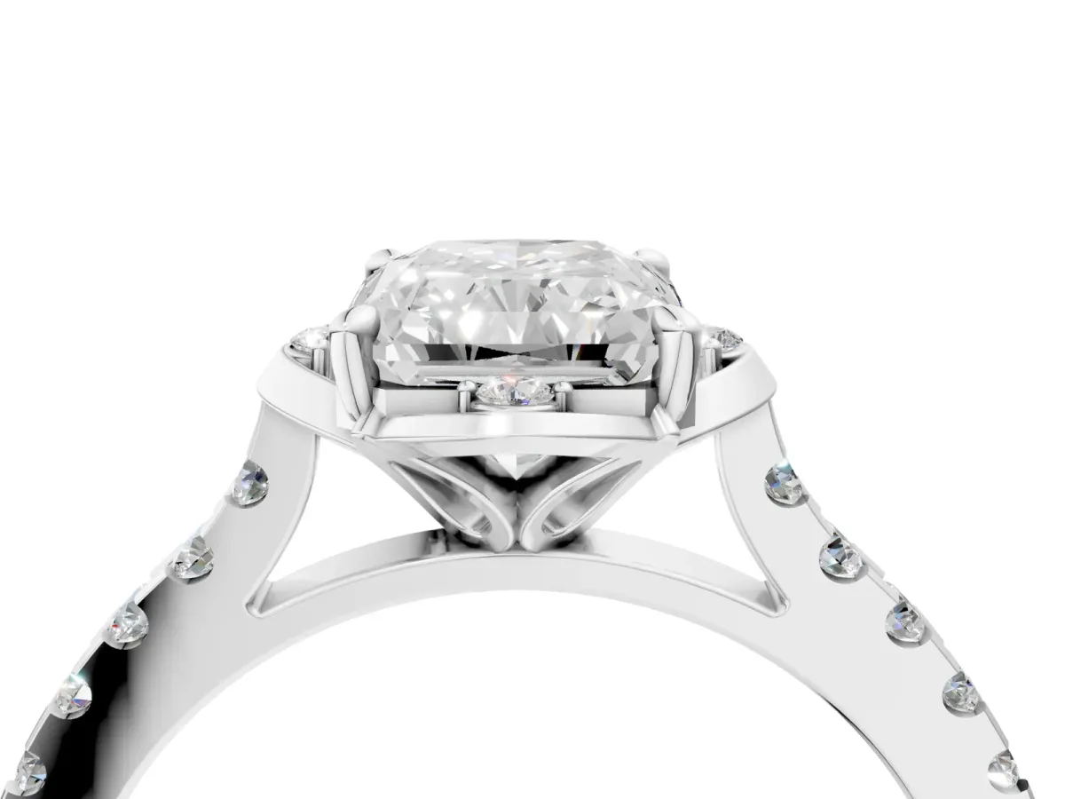 Radiant Cut Diamond Ring with Pavé Band and Floral Prong Setting Platinum
