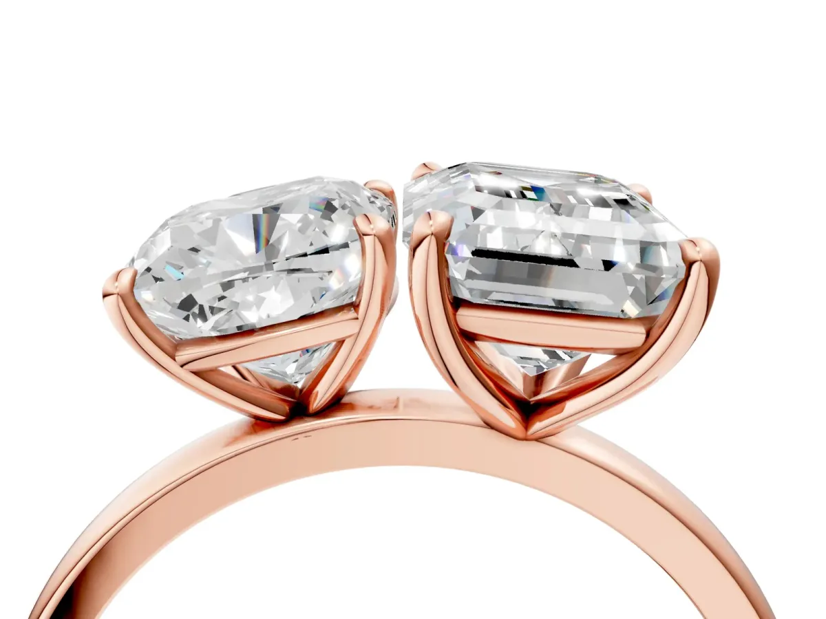Cushion Cut and Emerald Cut Toi Moi Ring with Prong Setting Rose gold
