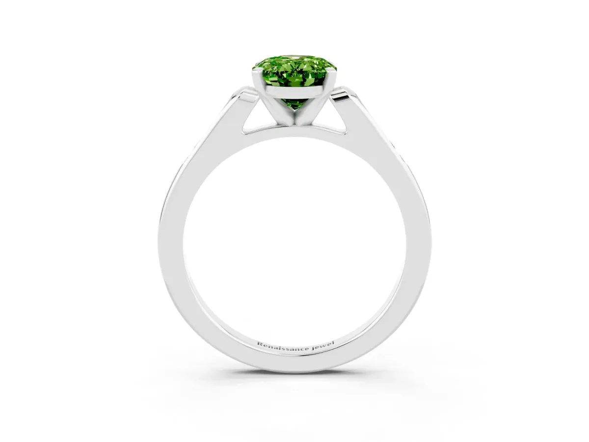 Oval Cut Peridot Solitaire Ring with Channel Set Round Band and Prong Setting Silver