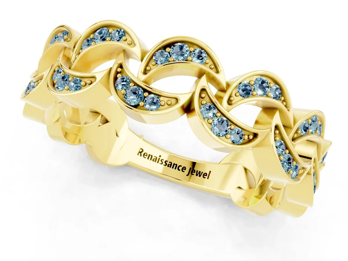 Pavé Round Aquamarine Interlocking Eternity Band with Bezel Prong Setting Yellow gold
