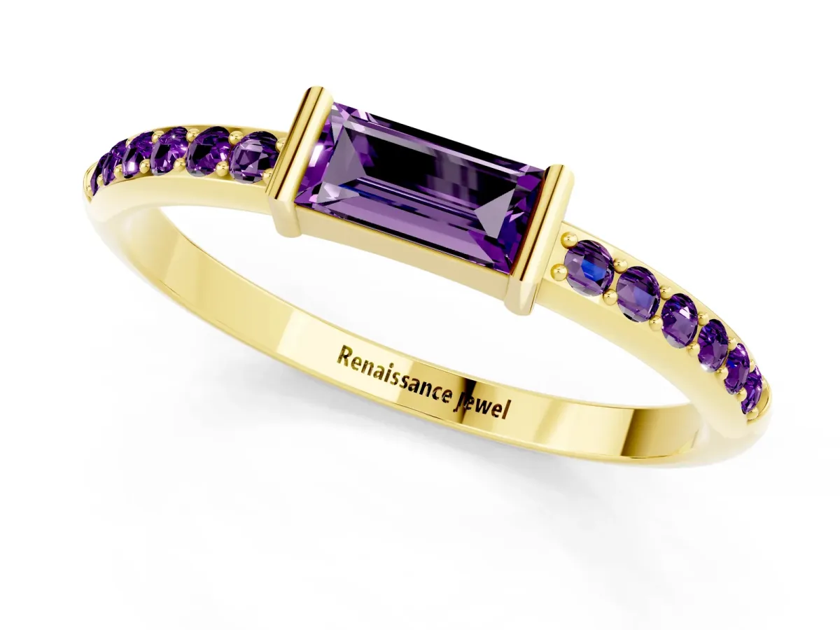 Baguette Amethyst Pavé Band with Bar Setting Yellow gold