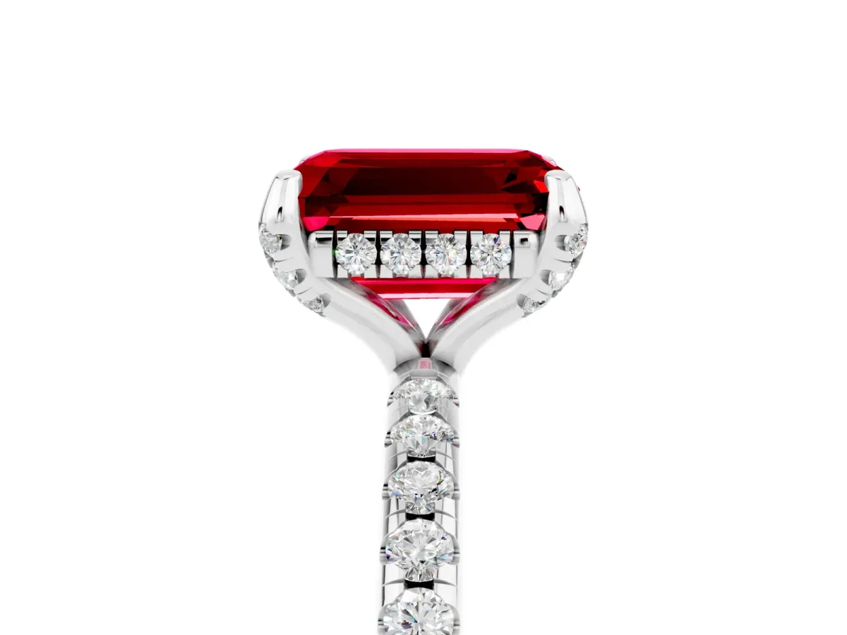 Emerald Cut Ruby Hidden Halo Engagement Ring with Round Pavé Band and Prong Setting Silver