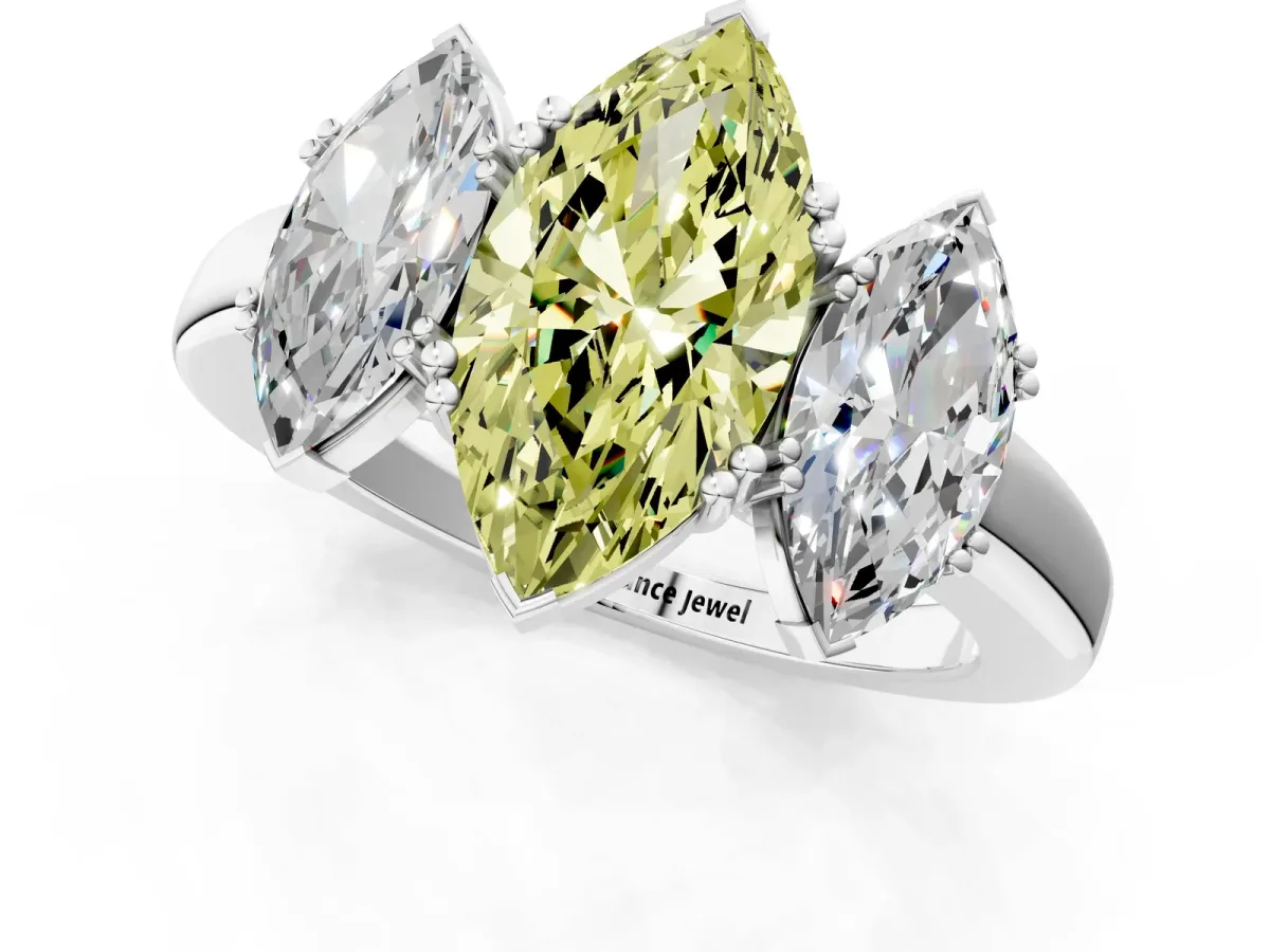 Fancy Yellow Three-Stone Marquise Cut Cut Diamond Ring with Channel Set Band and Four-Prong Setting Silver