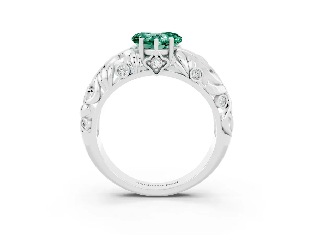 Heart Cut Solitaire Green Sapphire Leaf-Inspired Vine Band Ring with Prong Setting Platinum