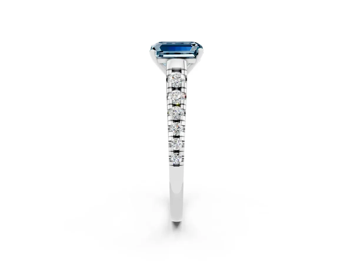 Emerald Cut Aquamarine Cathedral Solitaire Ring with Round Pavé Band Platinum