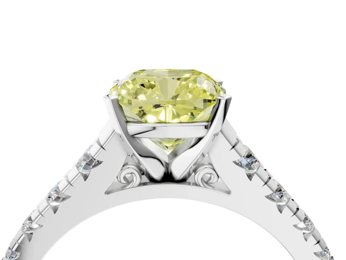 Fancy Yellow Cushion Cut Diamond Cathedral Solitaire Ring with Round Pavé Band Silver