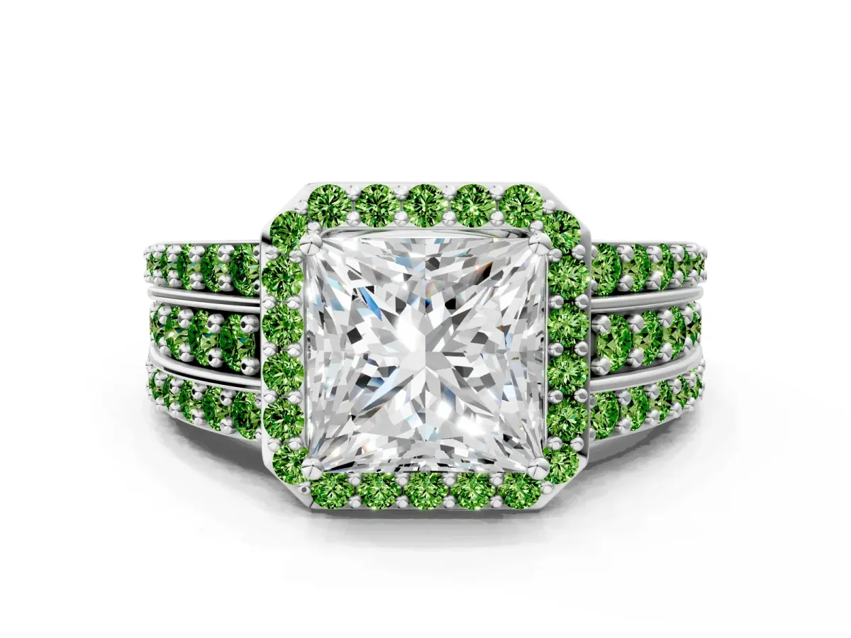 Princess Cut Halo Diamond Ring with Round Peridot Split Shank and Prong Setting Platinum