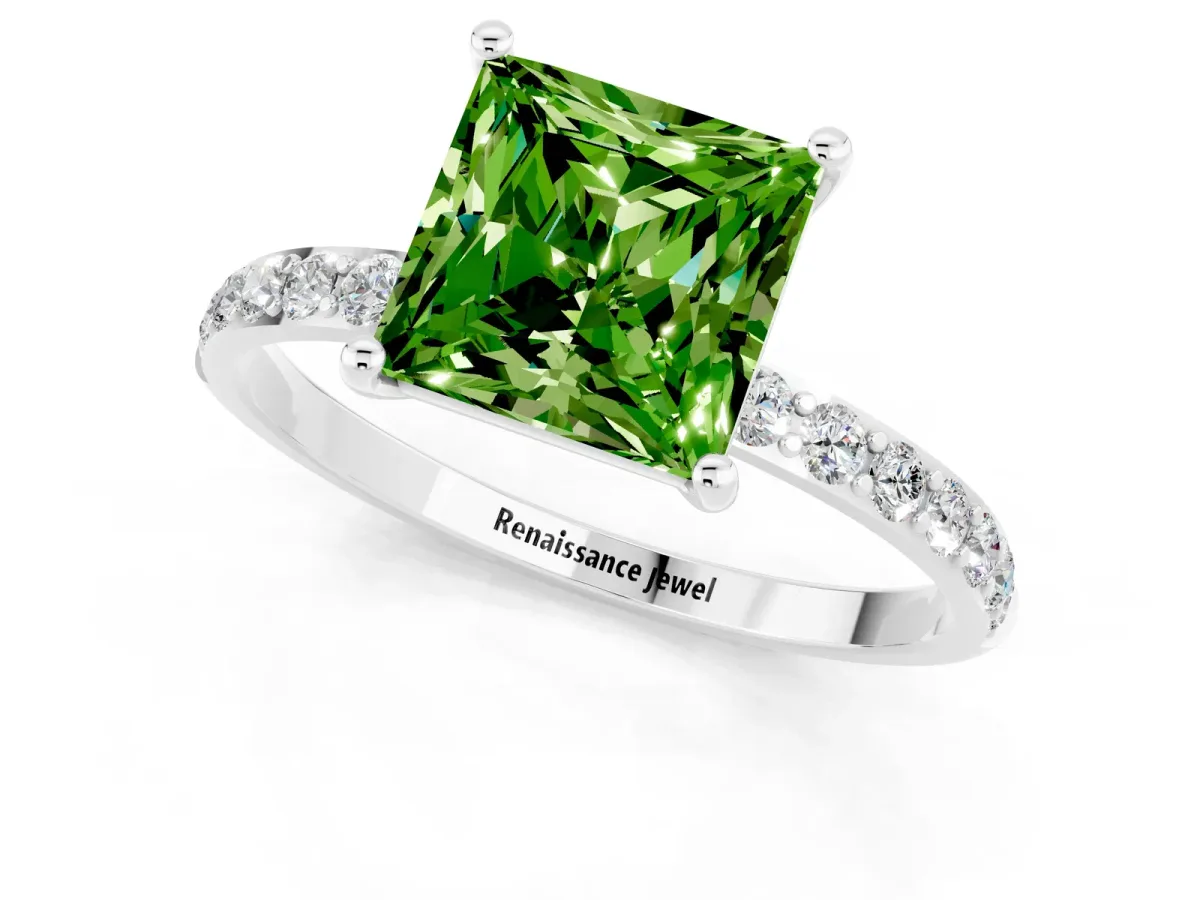 Princess Cut Peridot Solitaire Ring with Round Pavé Band and Prong Setting Silver
