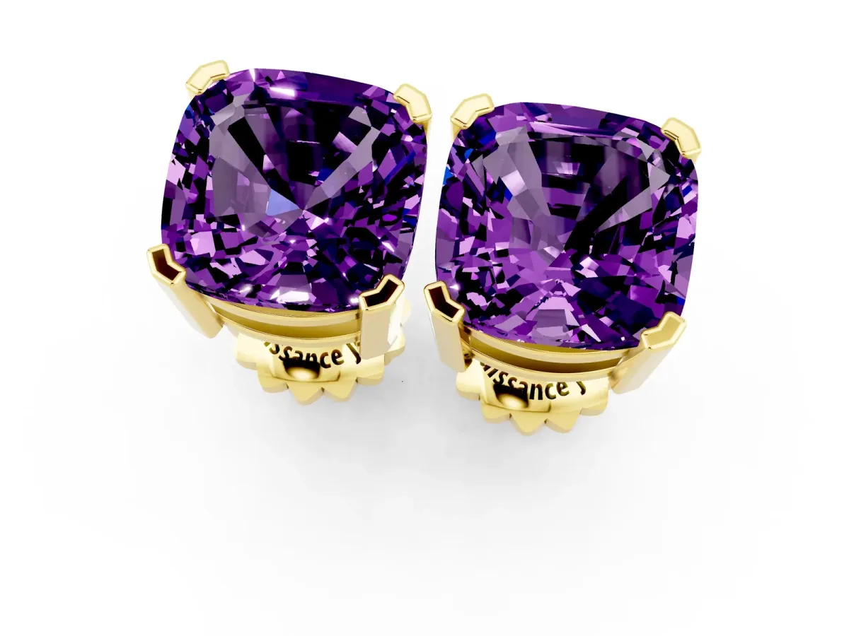Cushion Cut Amethyst Stud Earrings Yellow gold