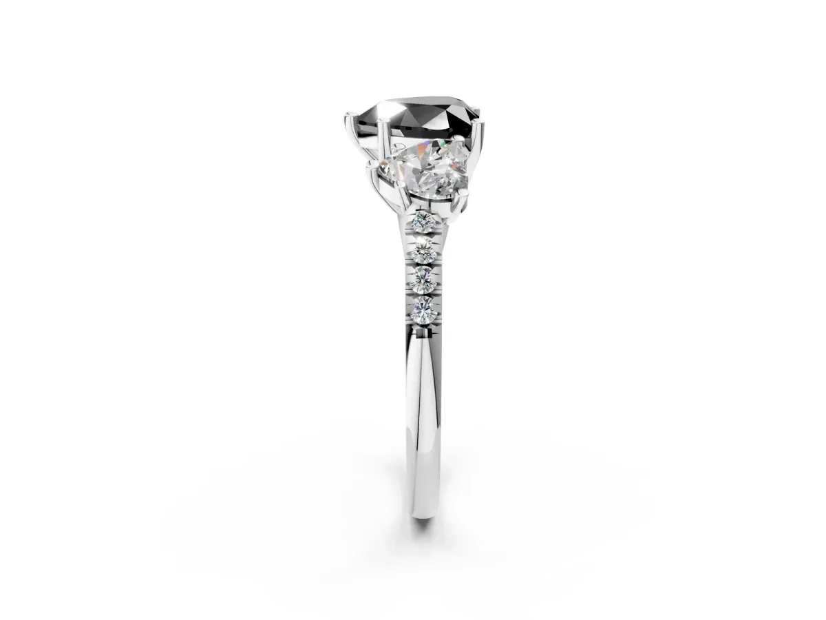 Fancy Black Three-Stone Heart Cut Diamond Ring with Round Pavé Band and Prong Setting Silver