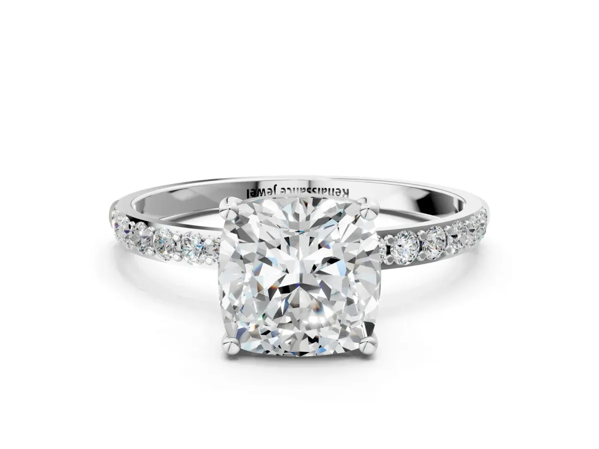 Cushion Cut Diamond Solitaire Ring with Round Pavé Shoulders and Prong Setting Silver