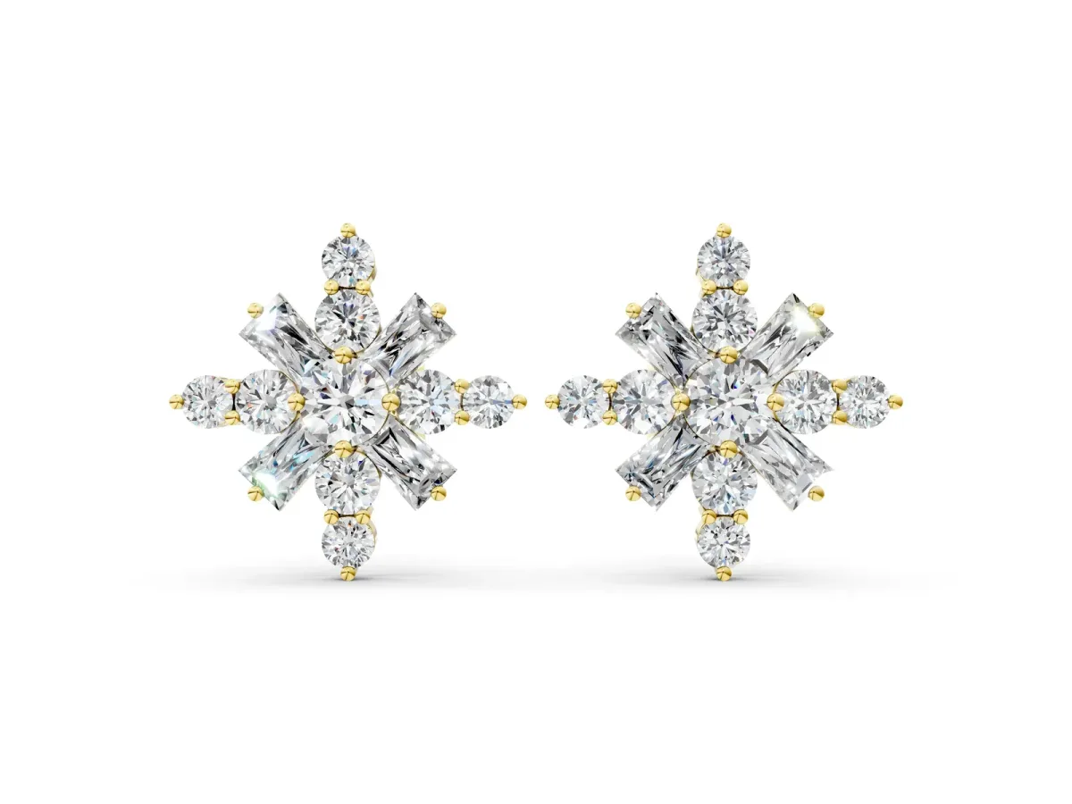 Round Cut Diamond Snowflake Cluster Stud Earrings Yellow gold