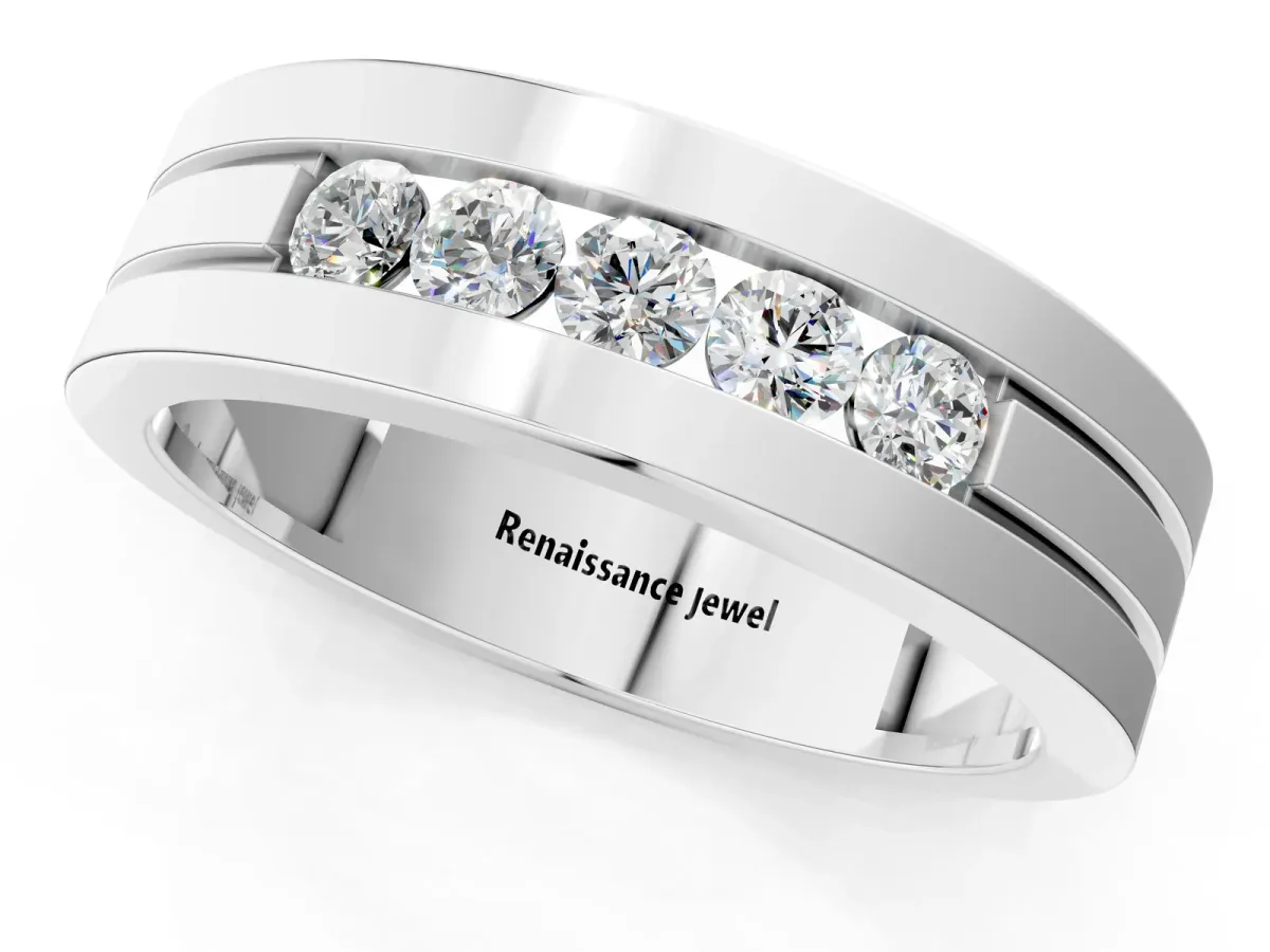 Round Diamond Five-Stone Channel Set Mens Band Silver