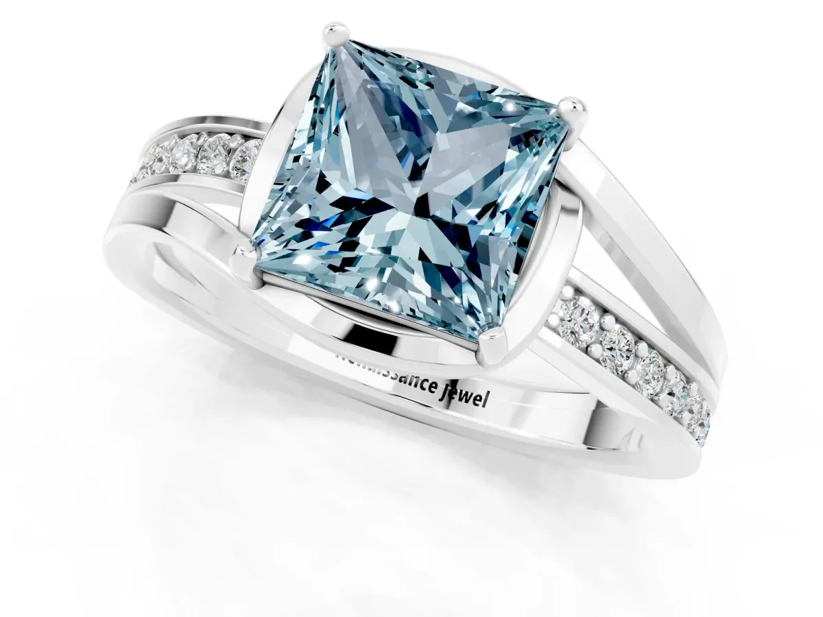 Princess Cut Aquamarine Solitaire Ring with Split Shank and Prong Setting Platinum
