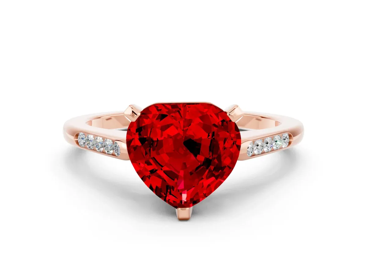 Heart Cut Ruby Solitaire Ring with Channel Set Round Band and Prong Setting Rose gold