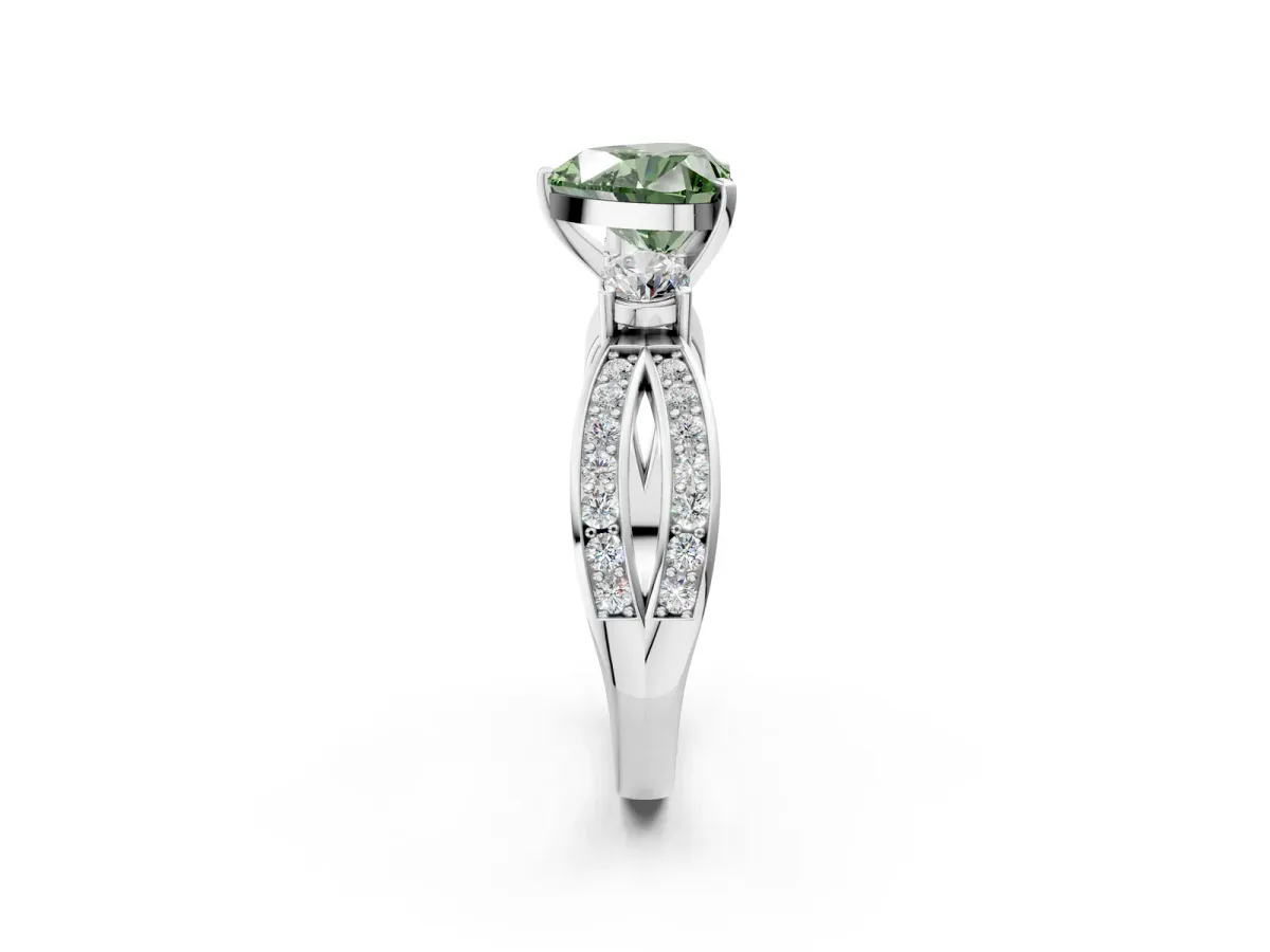 Fancy Green Three-Stone Heart Cut Cut Diamond Twist Band with Prong Setting Platinum