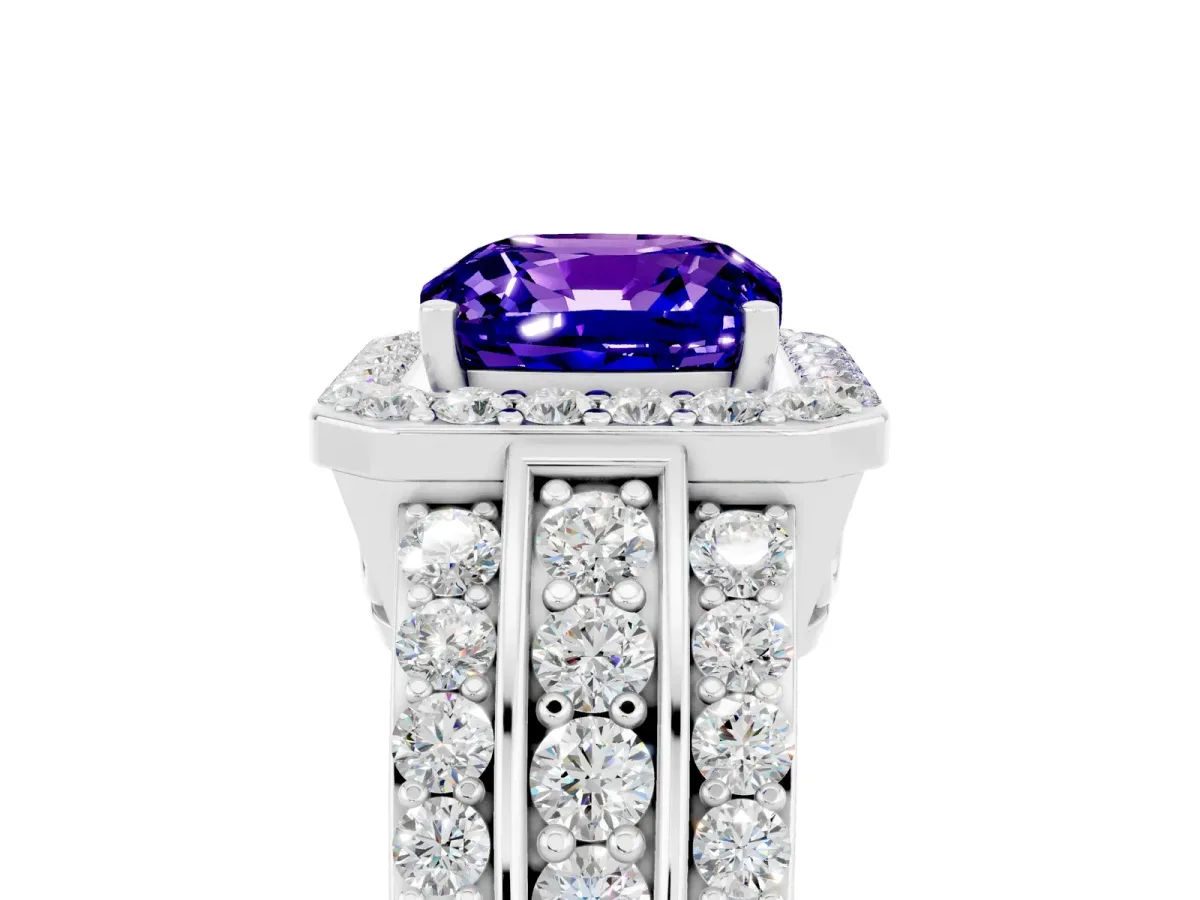 Cushion Cut Halo Tanzanite Ring with Round Split Shank and Prong Setting Silver