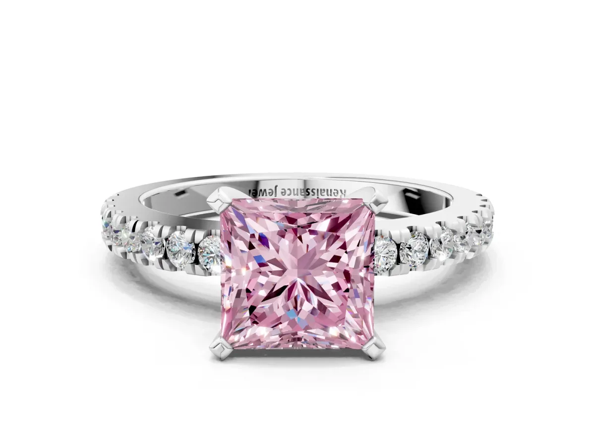 Fancy Pink Princess Cut Solitaire Diamond with Pavé Band and Four-Prong Setting Silver