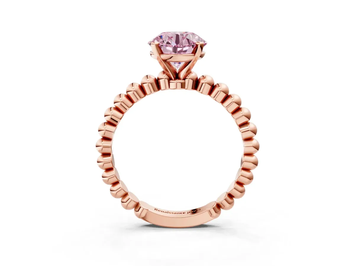 Fancy Pink Round Cut Diamond Solitaire Ring with Beaded Band and Prong Setting Rose gold