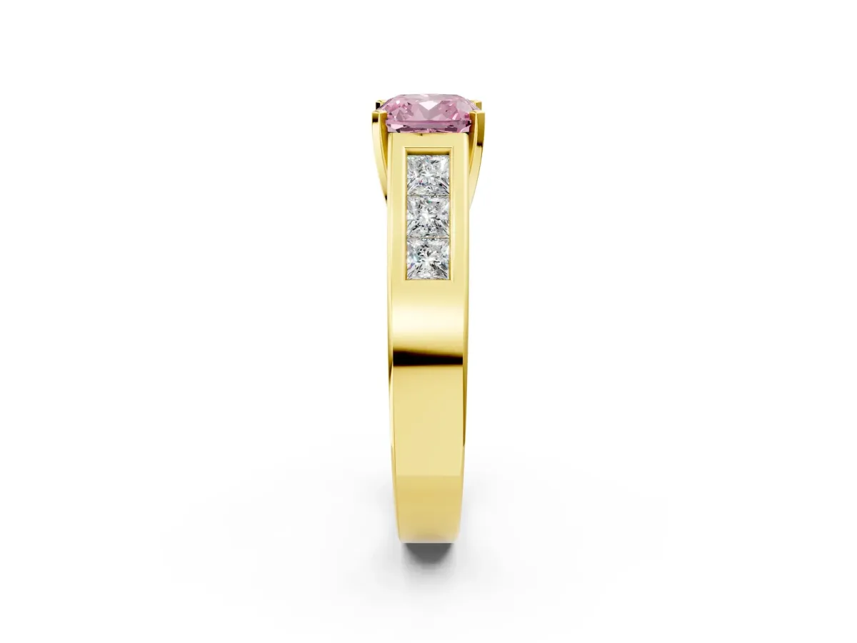 Fancy Pink Cushion Cut Cut Channel Set Solitaire Ring with Four-Prong Setting Yellow gold