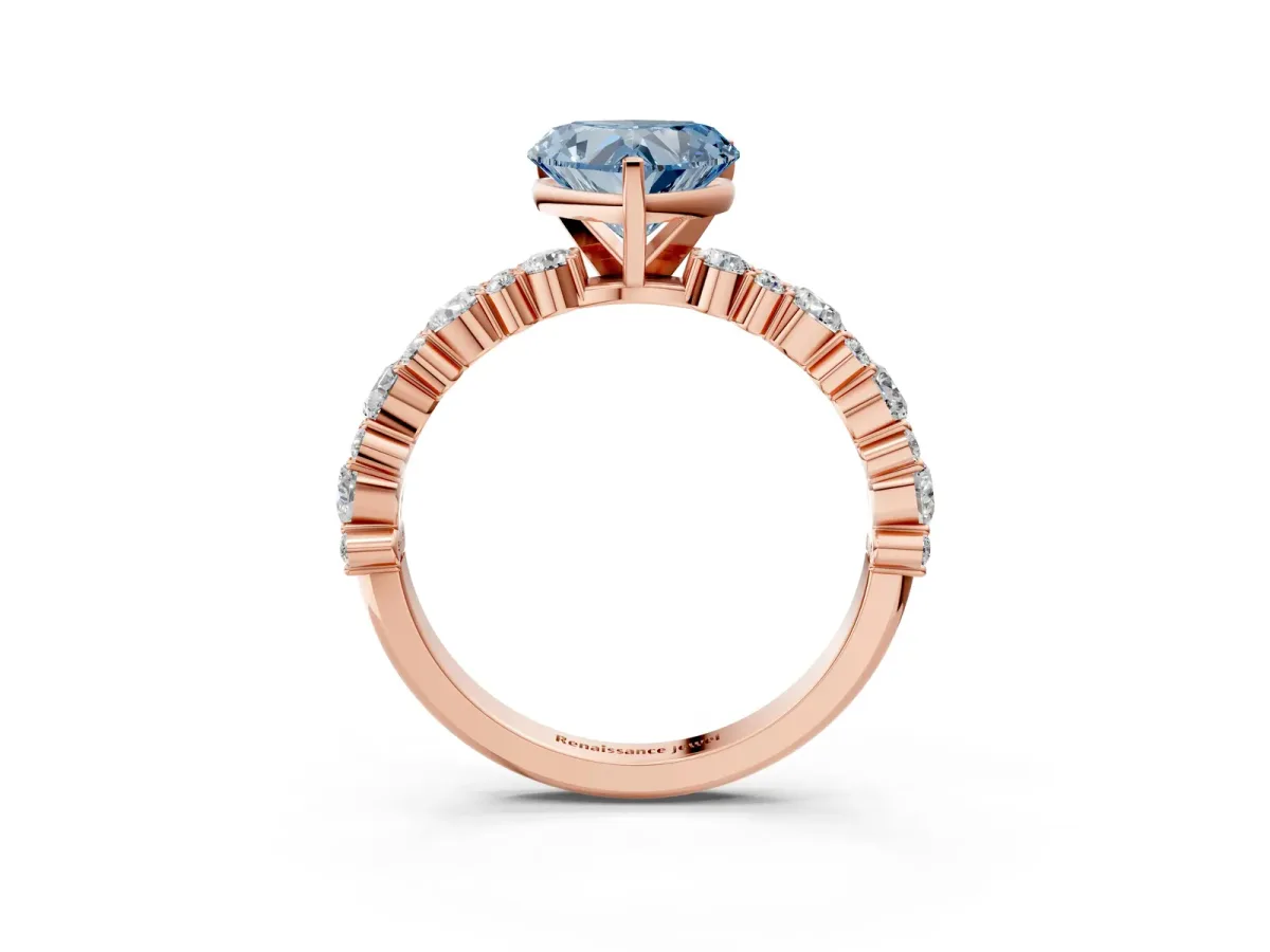 Fancy Blue Heart Cut Diamond Side Stone Solitaire Ring with Round and Four-Prong Setting Rose gold